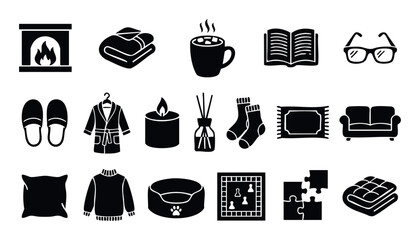 Collection of cozy home comfort elements including fireplace, blanket, hot drink, book, and slippers, perfect for illustrating relaxation, winter themes, or hygge lifestyle promotions