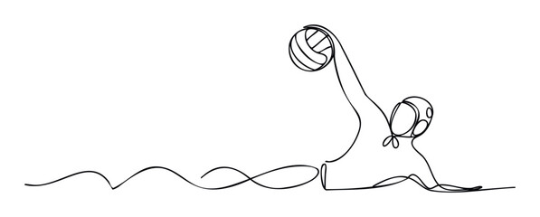 A continuous line drawing captures a dynamic water polo player reaching for the ball in the water, perfect for sports event promotions or athletic themed marketing campaigns.