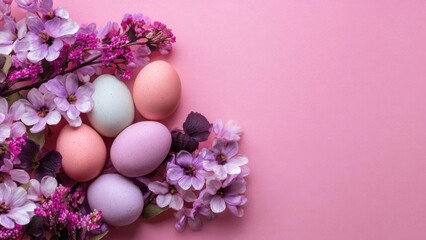 Pastel-colored Easter eggs nestled among pink and purple flowers on a pink background. Concept Pastel Easter Eggs, Pink and Purple Flowers, Pink Background, Spring Colors, Easter Decor