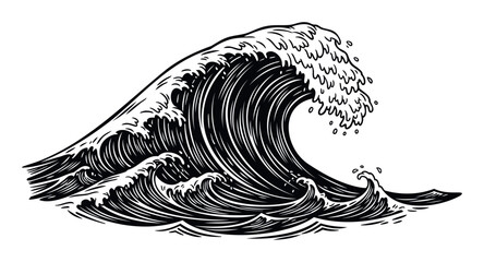 Dramatic monochrome ocean wave with powerful seafoam movement captured in an intricate engraving style ready for print projects apparel designs and bold graphic statements