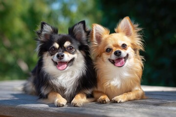 Two Happy Chihuahuas Resting Outdoors with Green Blurry Background in Natural Light