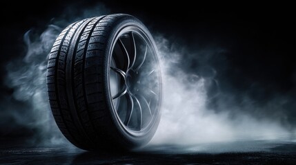 Obraz premium Close-up of a car tire with smoke on a dark background
