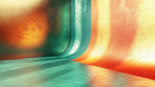 Abstract studio background creating a dynamic visual space, featuring curved walls merging warm oranges and cool teal gradients reflecting on the textured floor