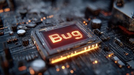 Close-up of a computer processor with the word "Bug" displayed in red on its screen, symbolizing a software error.