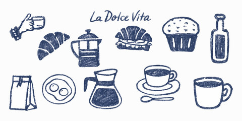 La Dolce Vita Coffee and Bakery Hand Drawn Icons Illustration