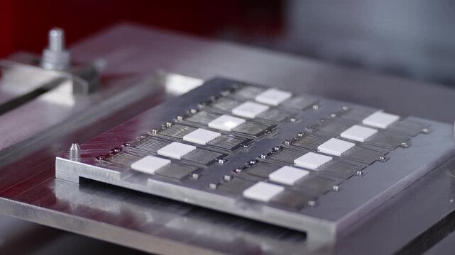 Precision electronics assembly fixture holding an array of small ceramic microchip packages on a machined metal tray in a factory, focused on alignment, testing, and production