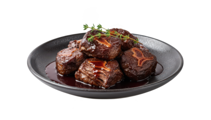 A plate of short ribs in a rich brown sauce garnished with herbs on a black plate isolated on transparent background