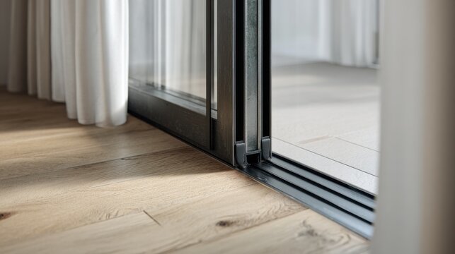 Close-up of a modern low-profile sliding glass door threshold track on a light oak wood floor leading to a terrace.