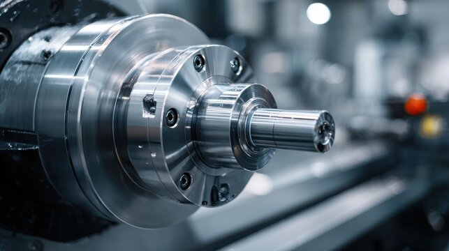 Close-up of a precision metal lathe chuck and spindle in a factory setting