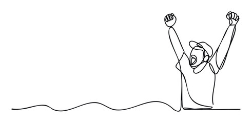 Minimalist continuous line drawing depicting a person celebrating with raised arms, symbolizing victory and success, suitable for motivational content and positive branding.