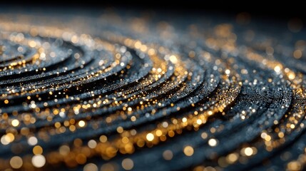 Abstract 3D illustration showing concentric dark textured rings with golden particles