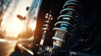 Close-up of a shiny metal shock absorber with a coil spring, illuminated by warm sunset light
