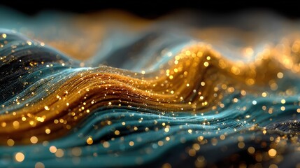 Abstract flowing teal and gold waves with glittering particles, creating a dynamic and ethereal effect