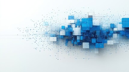 Abstract digital art, a cluster of blue and white cubes and dots on a white backdrop