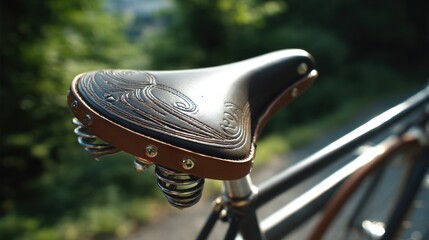 Close-up of a vintage bicycle seat with ornate detailing and springs, outdoors with a blurred green background