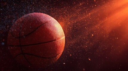 Close-up of a textured basketball with glowing orange light and particles
