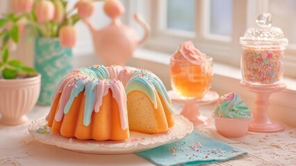Pastel drip bundt cake with pink and blue icing and sprinkles, set among pastel desserts and decor. Concept Pastel dessert table styling, Bundt cake centerpiece, Pink and blue icing drizzle