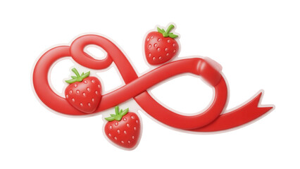 Puffy sticker style 3D illustration, ribbon and strawberry
