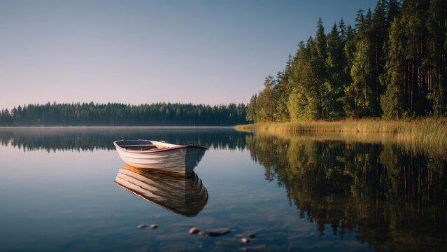 Small white rowboat floats on a glassy lake, its reflection perfectly mirrored among calm water and the forested shoreline. Concept Serene lakeside rowboat, Mirror-like reflections on calm water