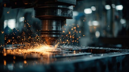 Close-up of industrial CNC milling machine process with intense sparks flying during metalworking in a factory