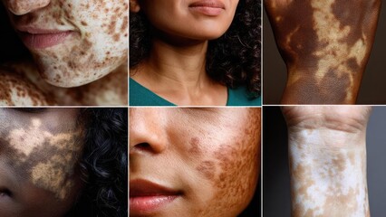Collage of skin with depigmented patches, illustrating vitiligo across people of diverse skin tones. Concept Vitiligo awareness collage, depigmented patches, diverse skin tones, inclusive portraits