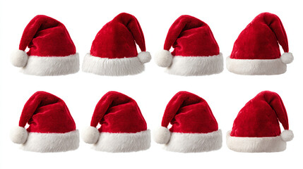 Grid of Identical Red Velvet Santa Hats Arranged on White Background