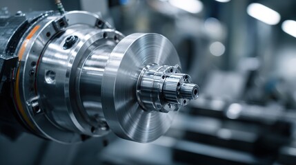 Close-up view of a precision metal lathe chuck and workpiece on a factory floor.