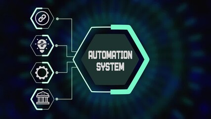 Automation systems concept with futuristic hexagon hub and connected icons representing intelligent workflow and digital control processes. - Powered by Adobe
