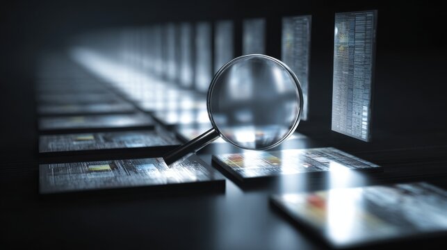 Conceptual digital search and data analysis with a magnifying glass examining rows of information panels. - Powered by Adobe