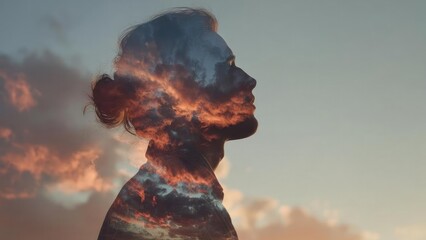 Double exposure of a woman's profile blended with a sunset sky and clouds. Concept Double exposure portrait, Sunset blending, Woman's profile silhouette, Cloudscape art, Dreamy photography