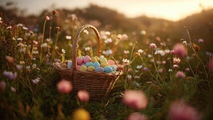 Basket of pastel Easter eggs in a sunlit wildflower field at golden hour Concept Pastel Easter eggs, Wildflower field, Golden hour lighting, Basket photography, Spring colors