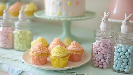 Pastel cupcakes with swirled frosting, surrounded by jars of pastel candies and bunny toppers on a spring party table. Concept Pastel Desserts, Spring Party Decor, Bunny Themed Treats