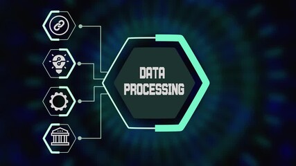 Data processing concept with digital hexagon interface and connected icons representing analytics, computation and information flow systems. - Powered by Adobe