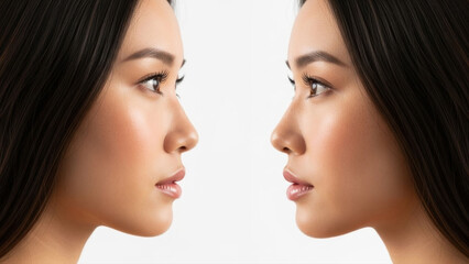 Asian woman's profile before and after rhinoplasty. Nose correction plastic surgery comparison. Aesthetic medicine and beauty enhancement concept.