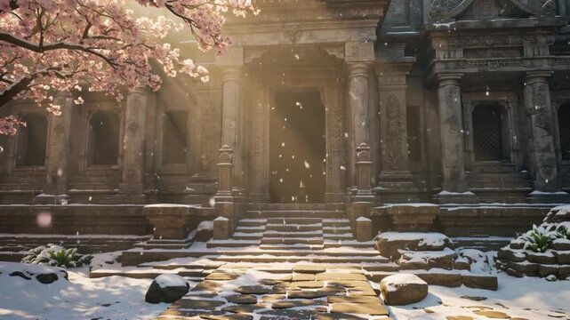 Time-lapse animated concept painting ancient temple four seasons, spring cherry blossoms, summer sunlight, autumn falling leaves, winter snow, painterly brushstroke cinematic camera pan, glowing