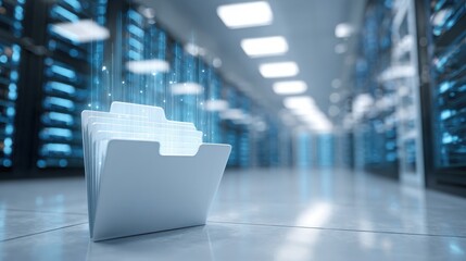 Digital folder icon with glowing data streams in a modern server room datacenter background, 3D rendering