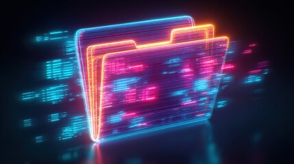 Digital folder icon with neon glowing lines and data glitch effects representing cloud storage and cyber security