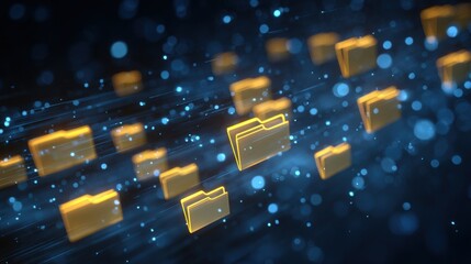 Digital folder icons floating in blue data space representing cloud storage and file management system
