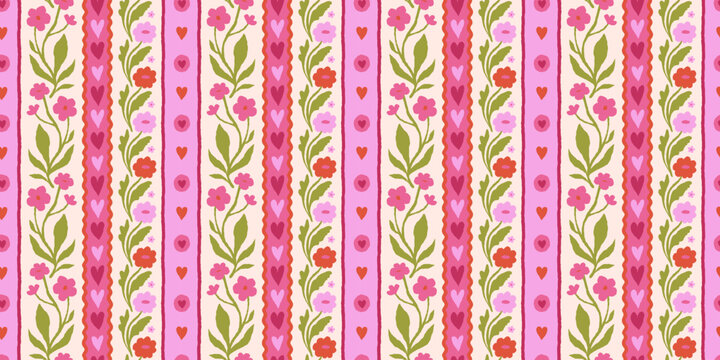 Vector seamless pattern, abstract hand-drawn quirky doodles,  love theme wallpaper, Valentine's day decorative wrapping paper and textile background with hearts and flowers