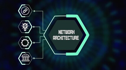 Network architecture concept with futuristic hexagon hub and connected technology icons representing secure digital connectivity systems. - Powered by Adobe