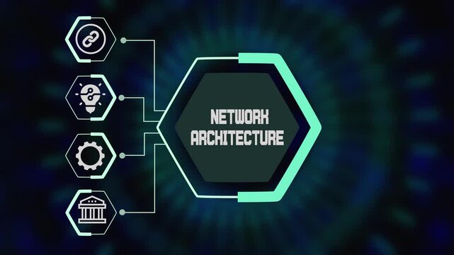 Network architecture concept with futuristic hexagon hub and connected technology icons representing secure digital connectivity systems.