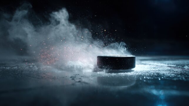 Dynamic shot of a hockey puck on ice with smoke and flying ice particles