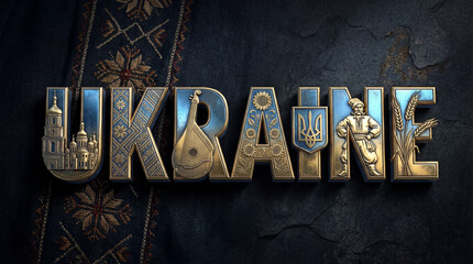 High quality 3D metal typographic image of the word Ukraine on a dark textured background that complements the identity of Ukraine