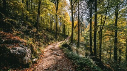 Fototapeta premium A winding dirt trail through a dense autumn forest, leaves on the ground and sunlight filtering through the trees. Concept Winding dirt trail through autumn forest