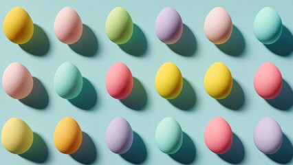 Pastel-colored eggs arranged in rows on a light blue background. Concept Pastel Easter eggs in rows, Light blue background, Symmetrical composition, Spring decor, Colorful eggs