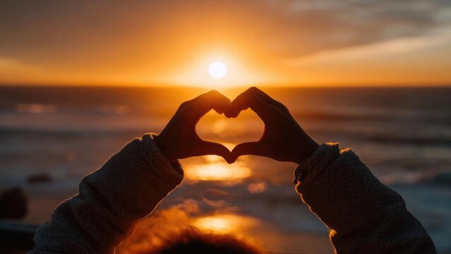 Two hands form a heart shape around the setting sun over the ocean. Concept Heart-shaped hands, Sunset over the ocean, Beach silhouette, Romantic photography, Sun glow reflections