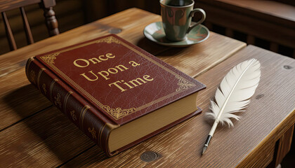 An old, leather-bound fairytale book titled "Once Upon a Time" lies on a rustic wooden table. Next to the book are a quill pen and a cup of coffee.