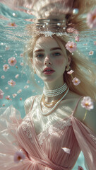 Enchanting Blonde in Pink Dress Drifting Underwater with Cherry Blossoms.