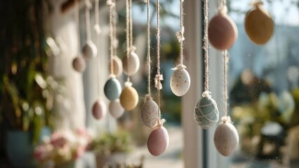 Pastel Easter eggs hanging from strings in a sunlit window. Concept Pastel Easter eggs hanging from strings, Sunlit window glow, Soft spring decor, Delicate shadows and light