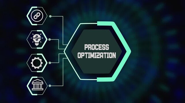 Process optimization concept with digital hexagon interface and connected technology icons for workflow efficiency and system performance.